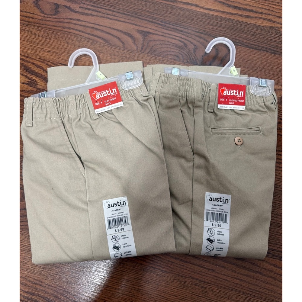 Austin Clothing Co Boys Size 4 Khaki School Uniform Pants Flat & Pleated 2 Pack